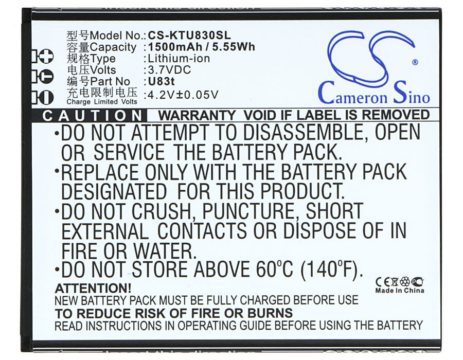 3.7V, 1500mAh, Li-ion Battery fits K-touch, U83t, 5.55Wh