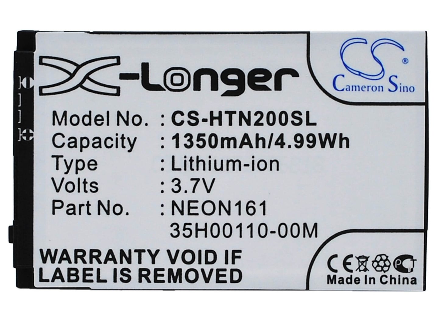 3.7V, 1350mAh, Li-ion Battery fits Htc, Neon 200, Neon 400, 4.995Wh
