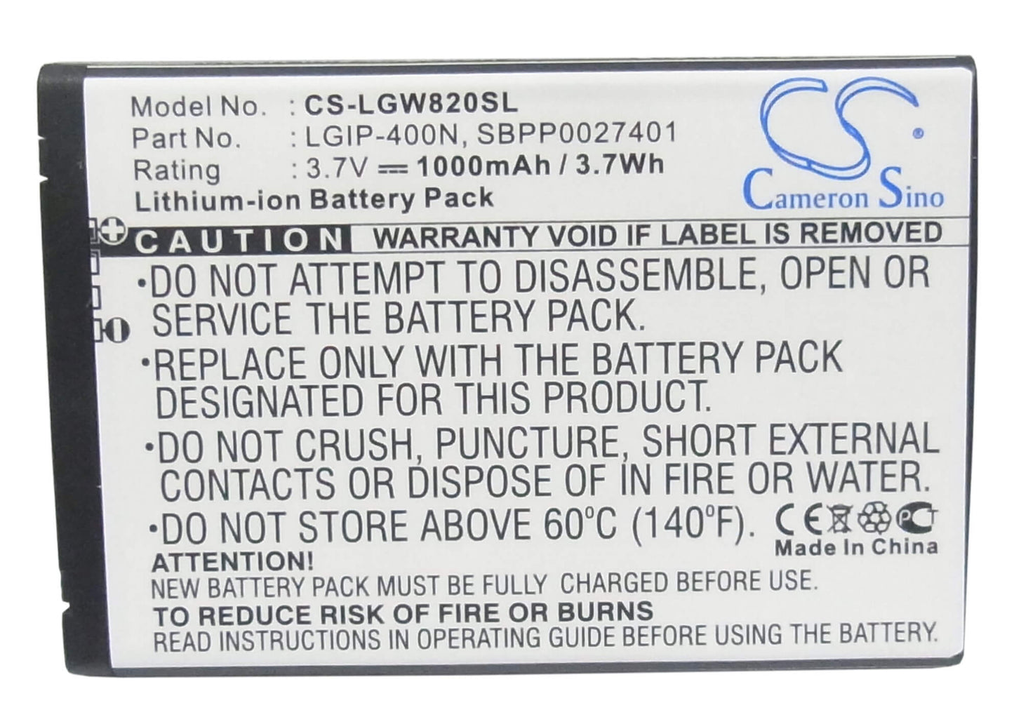 3.7V, 1000mAh, Li-ion Battery fits Lg, Etna, Expo Gw820, 3.7Wh