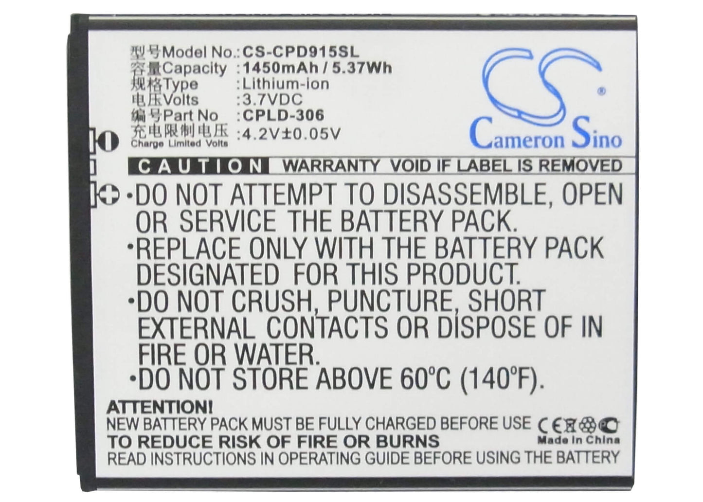 3.7V, 1450mAh, Li-ion Battery fits Coolpad, 9150, 9150w, 5.365Wh