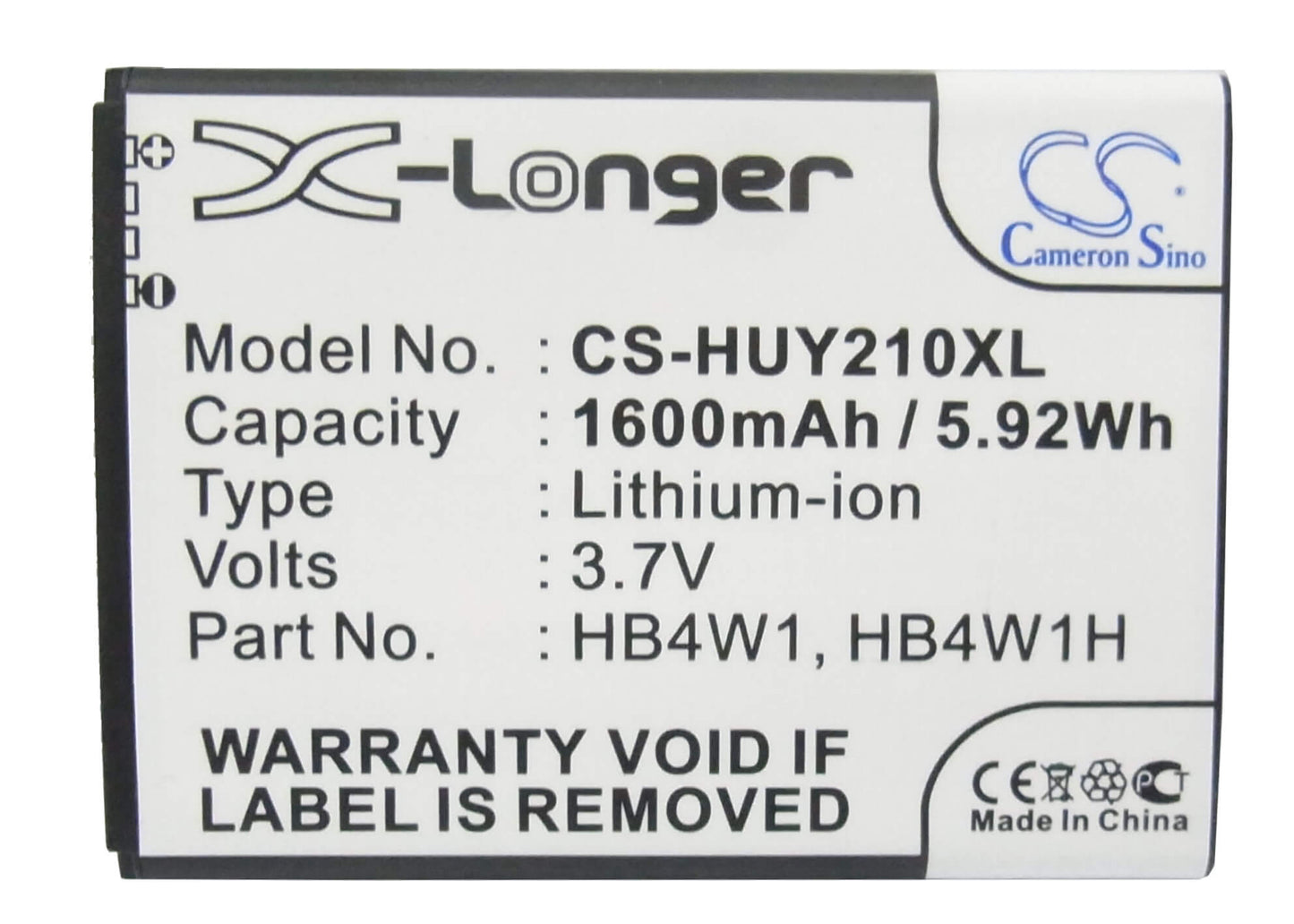 3.7V, 1600mAh, Li-ion Battery fits Huawei, Ascend C8813d, Ascend G520, 5.92Wh