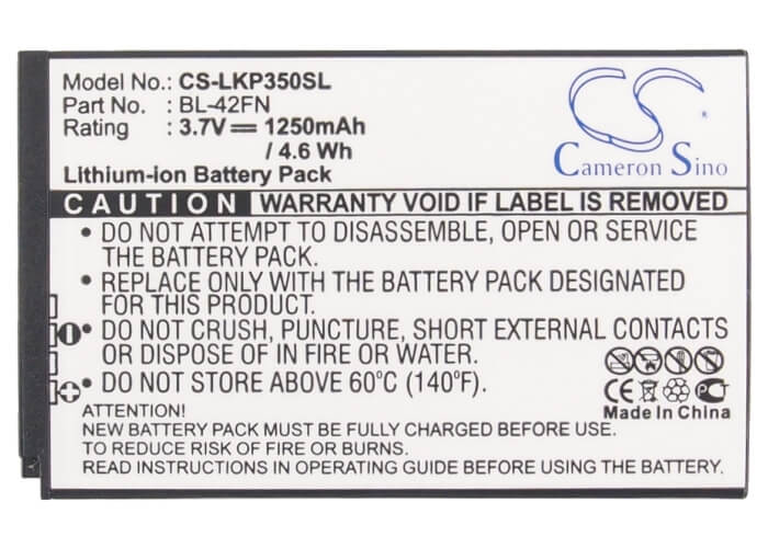 3.7V, 1250mAh, Li-ion Battery fits Lg, C550, Optimus Me, 4.625Wh