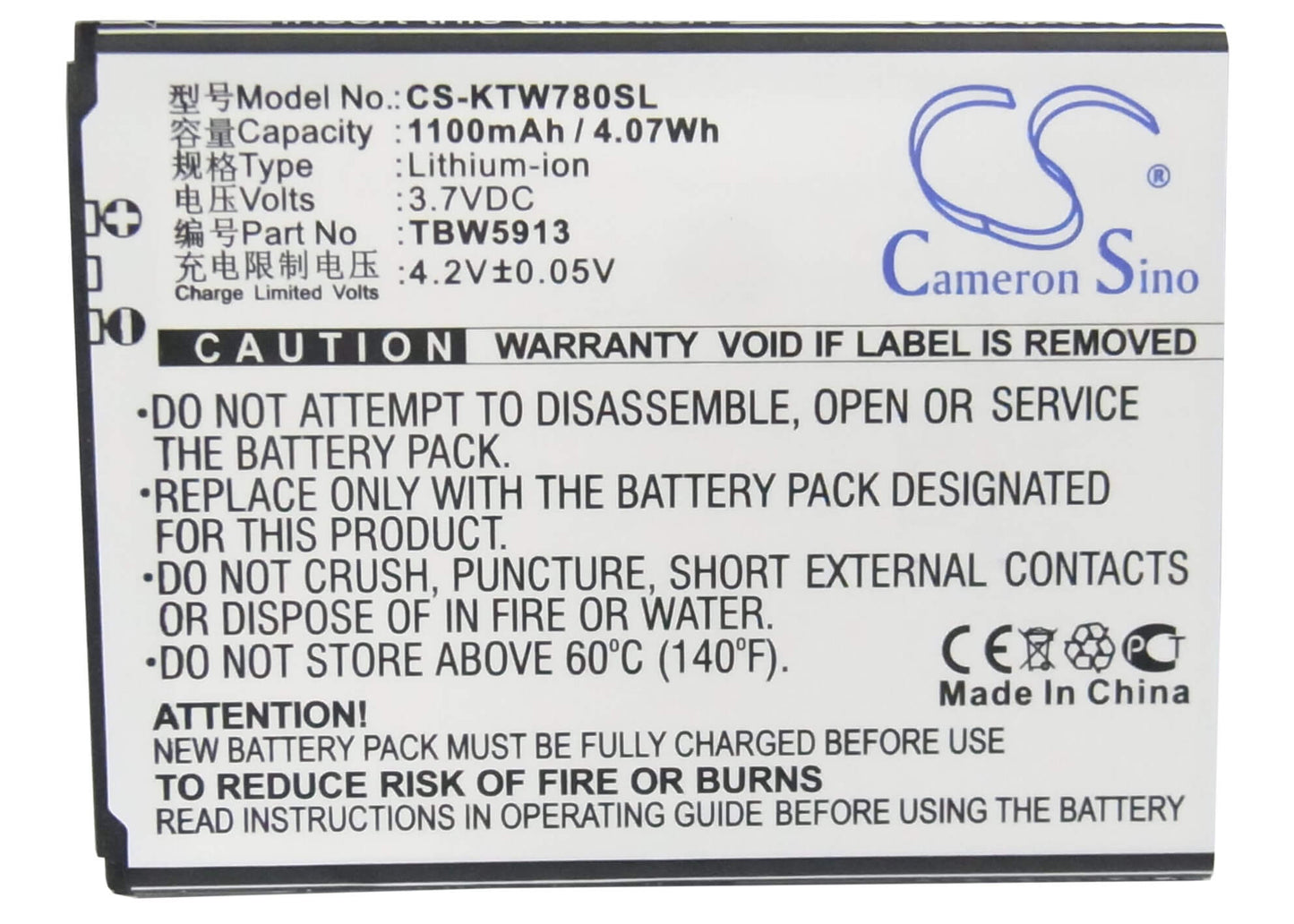 3.7V, 1100mAh, Li-ion Battery fits K-touch, C666t, E619, 4.07Wh