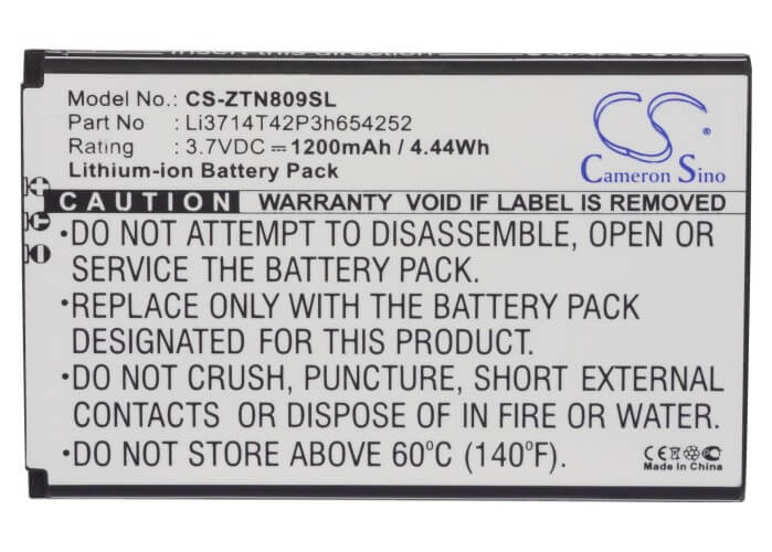 3.7V, 1200mAh, Li-ion Battery fits Zte, U809, V809, 4.44Wh