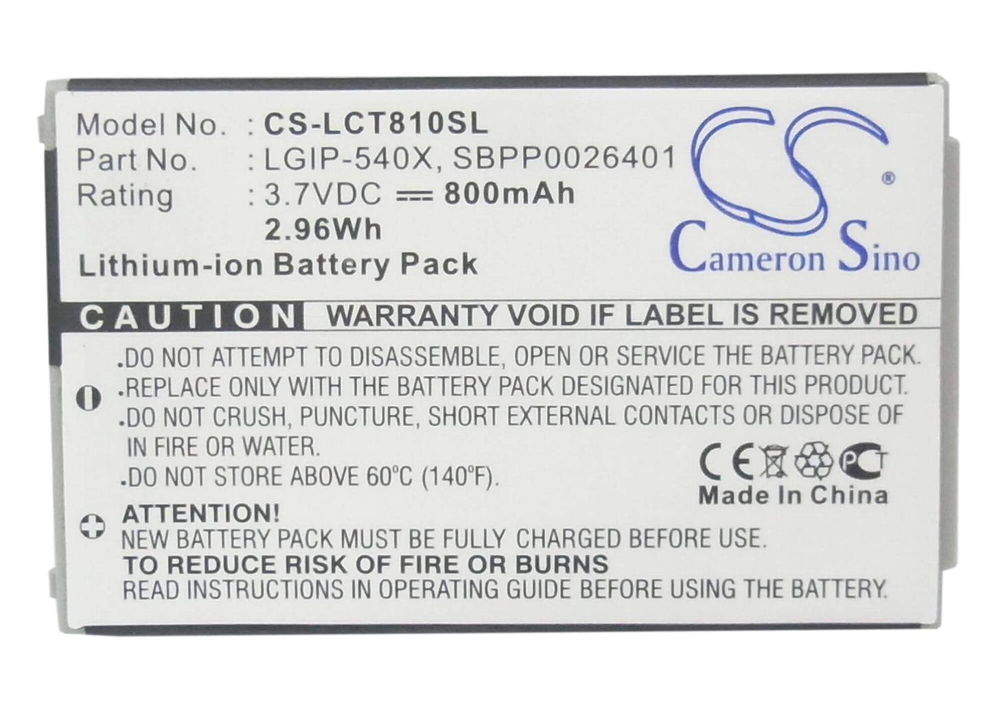 3.7V, 800mAh, Li-ion Battery fits Lg, Ct810, Ct810 Incite, 2.96Wh