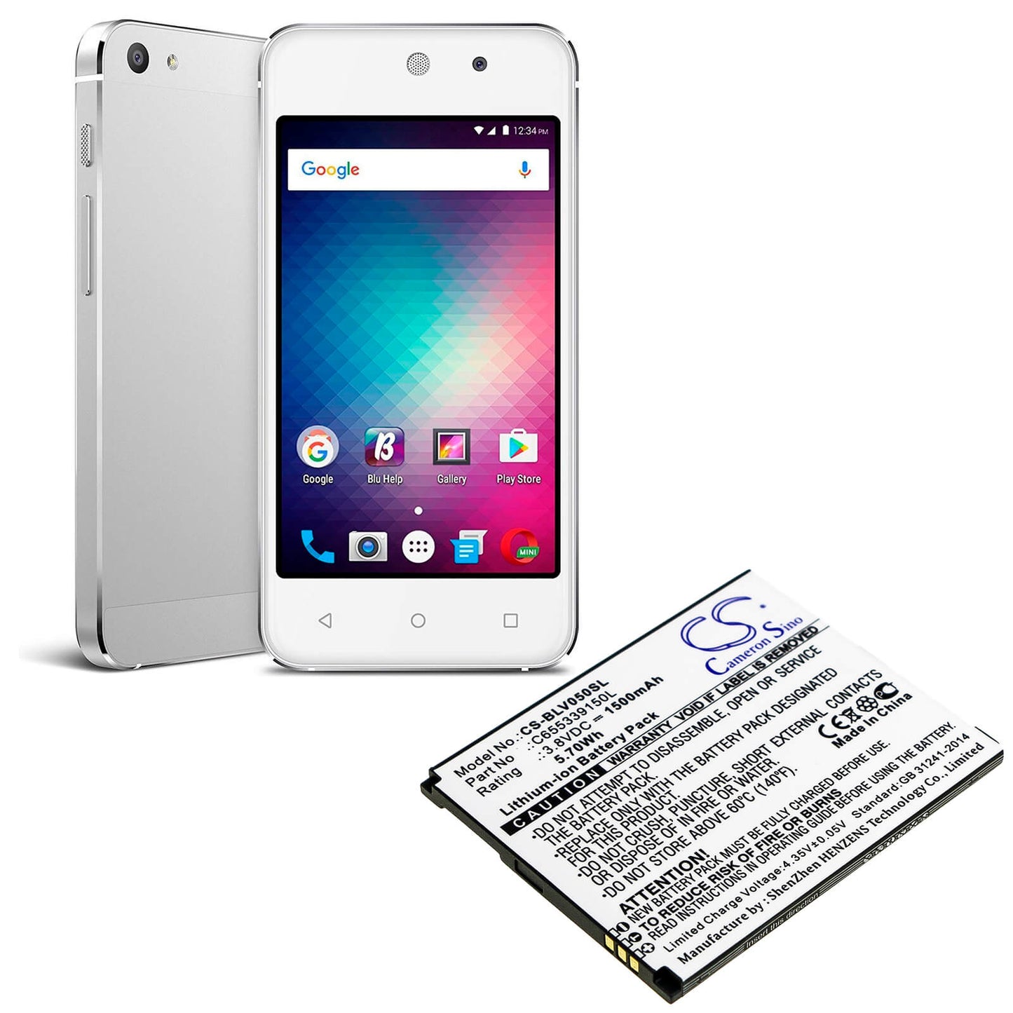 3.8V, 1500mAh, Li-ion Battery fits Blu, V050, Vivo 5 Mini, 5.7Wh