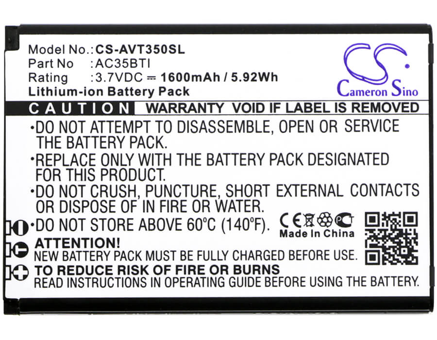3.7V, 1600mAh, Li-ion Battery fits Archos, 35b Titanium, 35b Titanium Dual Sim, 5.92Wh
