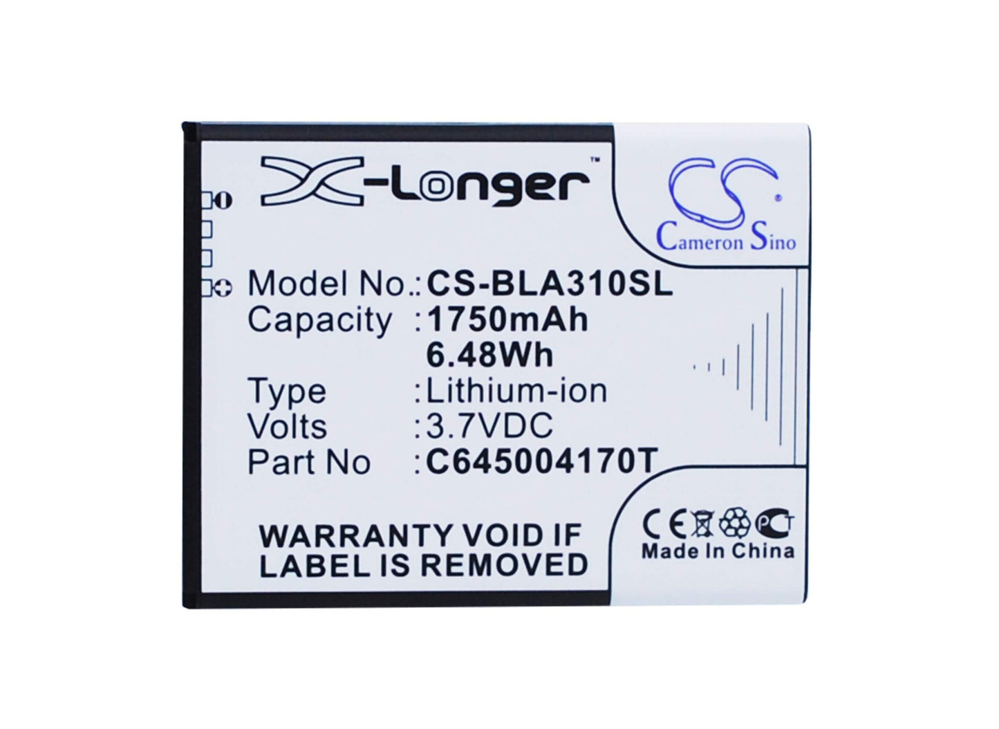 3.7V, 1750mAh, Li-ion Battery fits Blu, A310, Advance 4.5, 6.475Wh