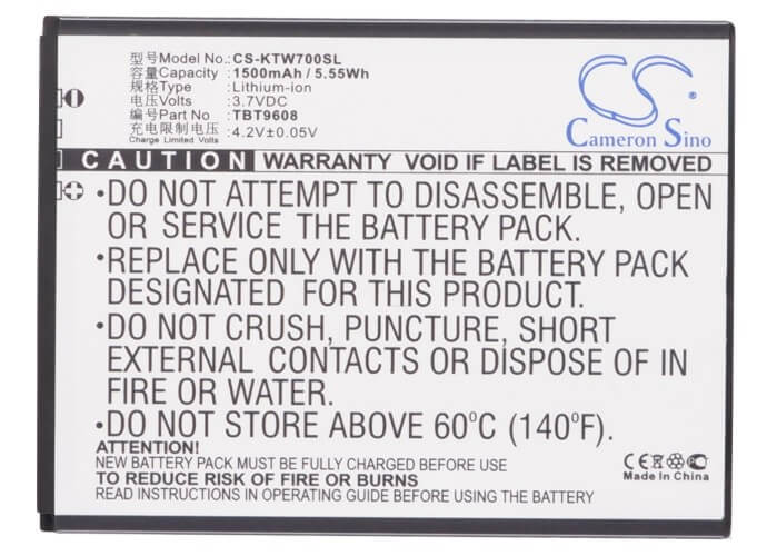 3.7V, 1500mAh, Li-ion Battery fits K-touch, T83, T85, 5.55Wh