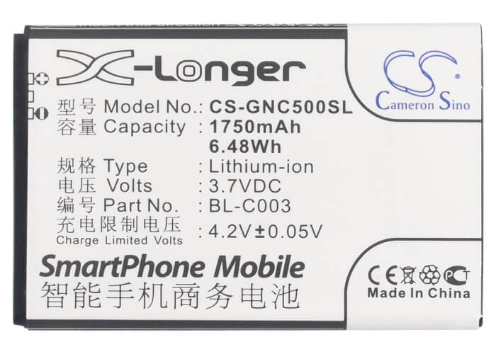 3.7V, 1750mAh, Li-ion Battery fits Gionee, C500, C600, 6.475Wh