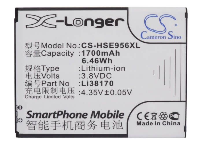 3.8V, 1700mAh, Li-ion Battery fits Hisense, E956q, E958q, 6.46Wh