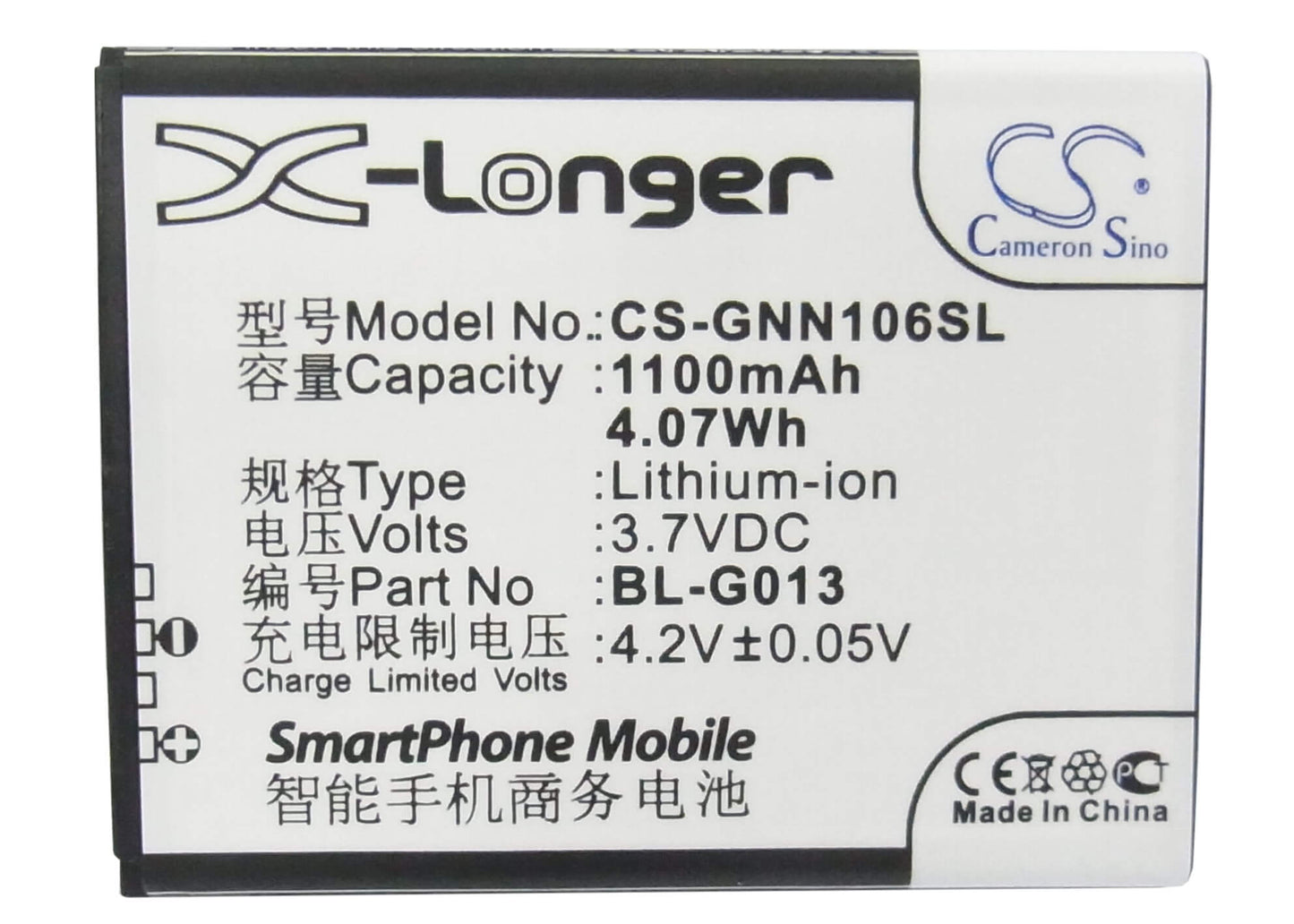 3.7V, 1100mAh, Li-ion Battery fits Gionee, Gn106, Gn109, 4.07Wh