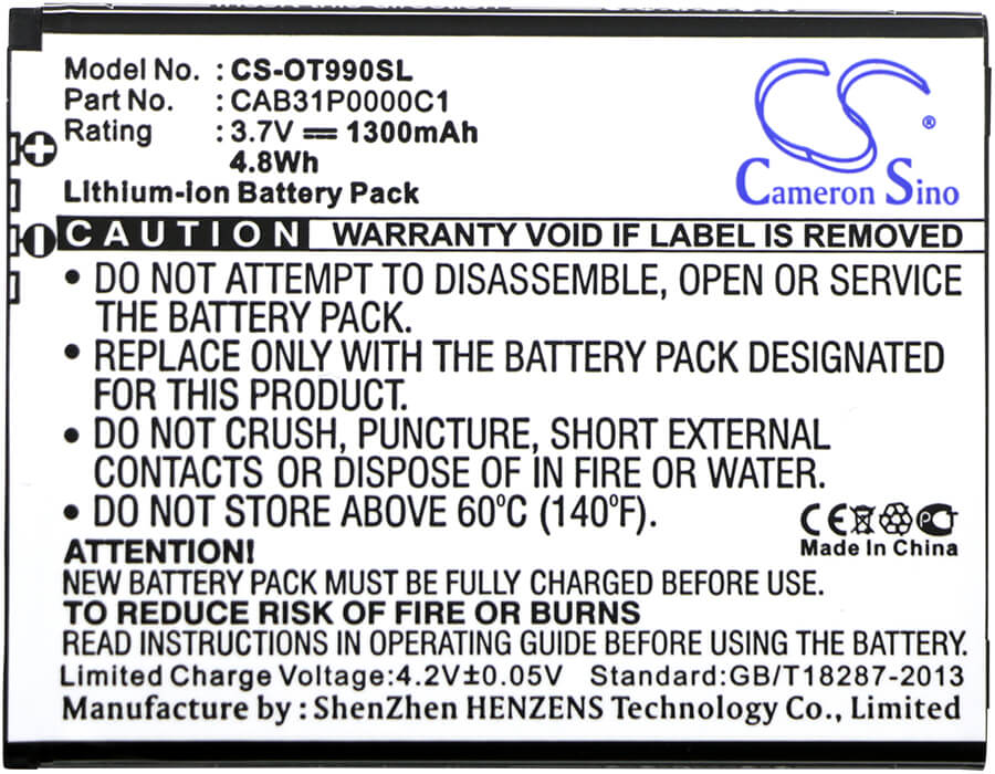3.7V, 1300mAh, Li-ion Battery fits T-mobile, Move, 4.81Wh