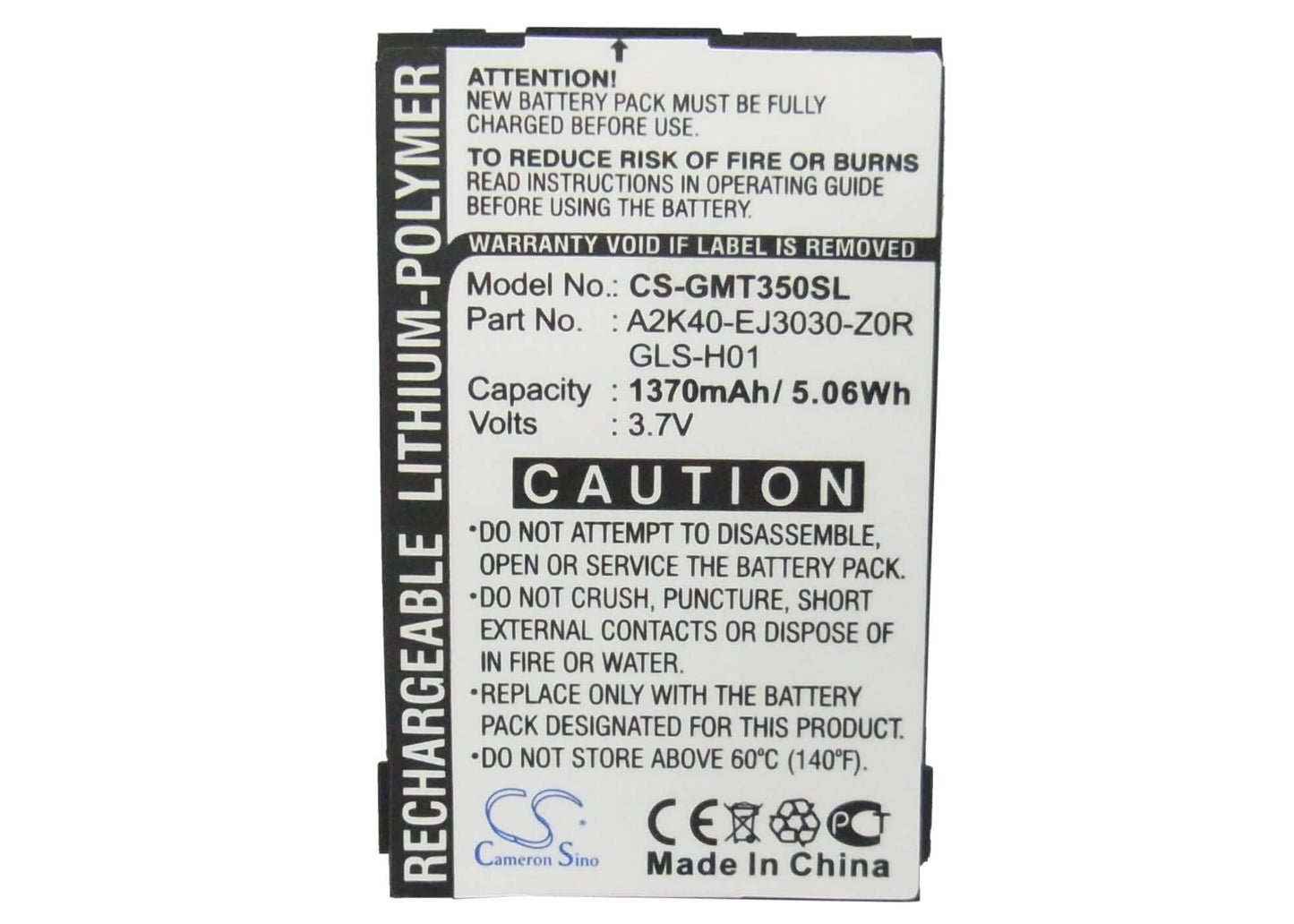 3.7V, 1370mAh, Li-Polymer Battery fits Gigabyte, Gsmart G300, Gsmart I350, 5.069Wh