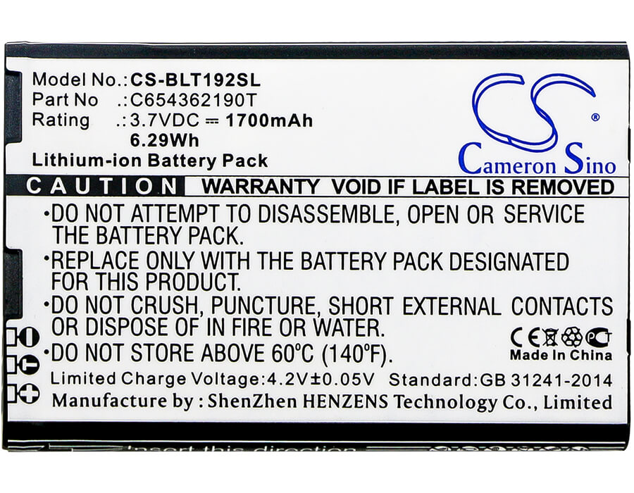 3.7V, 1700mAh, Li-ion Battery fits Blu, T192, Tank Li, 6.29Wh