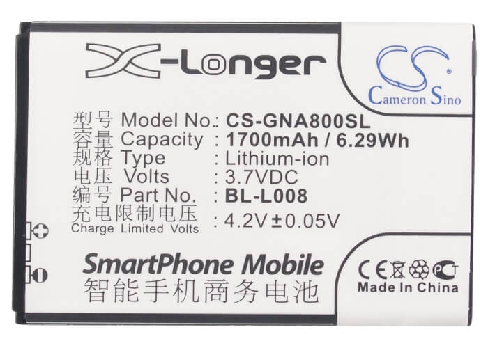 3.7V, 1700mAh, Li-ion Battery fits Gionee, A800, 6.29Wh