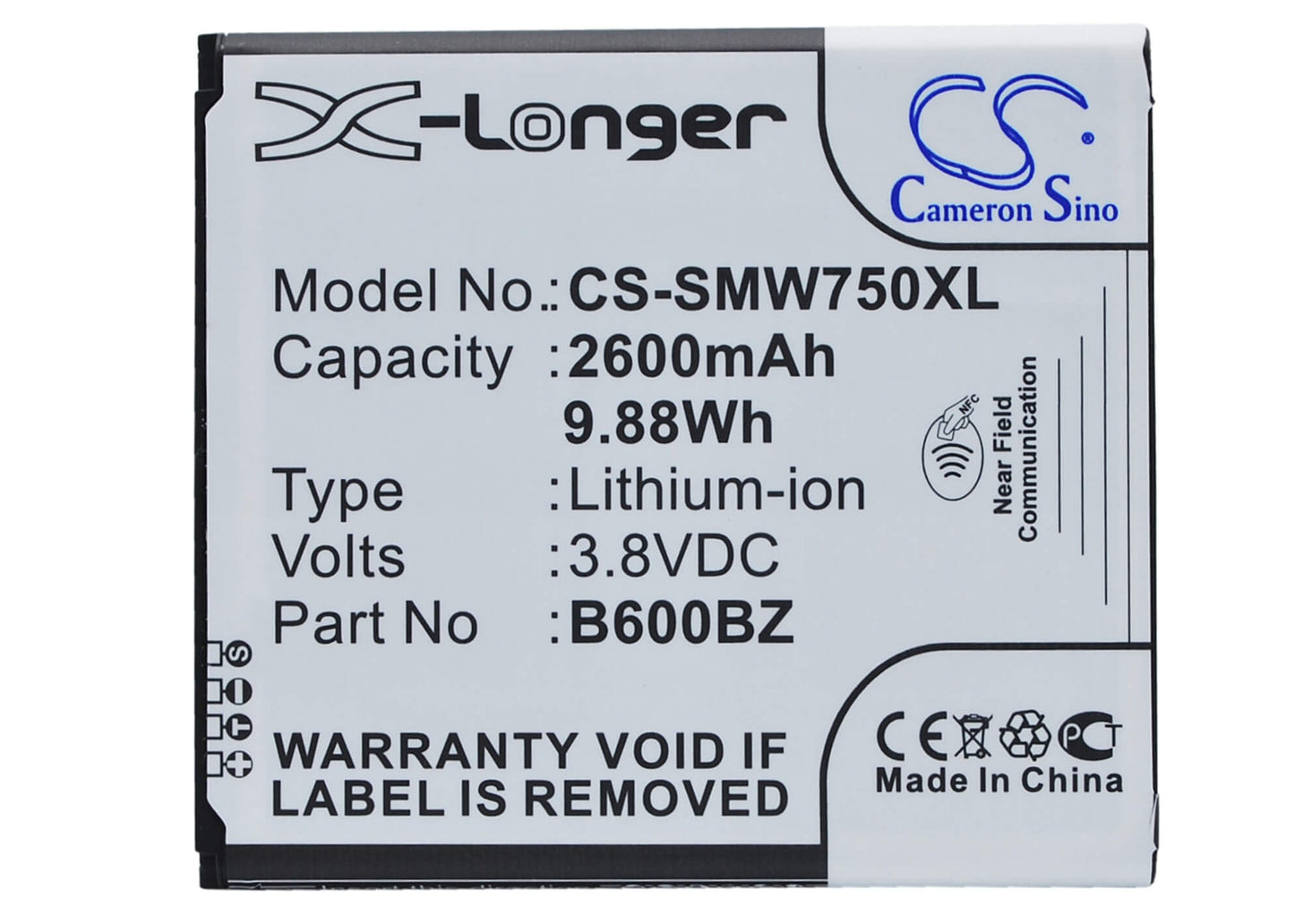 CS-SMW750XL, Mobile, Smartphone 3.8V, 2600mAh, Li-ion Battery fits Verizon, Sm-w750v, 9.88Wh