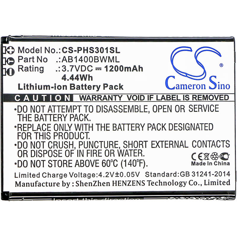 3.7V, 1200mAh, Li-ion Battery fits Philips, S301, S308, 4.44Wh