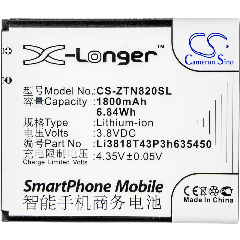 3.8V, 1800mAh, Li-ion Battery fits Zte, Obsidian, Z820, 6.84Wh