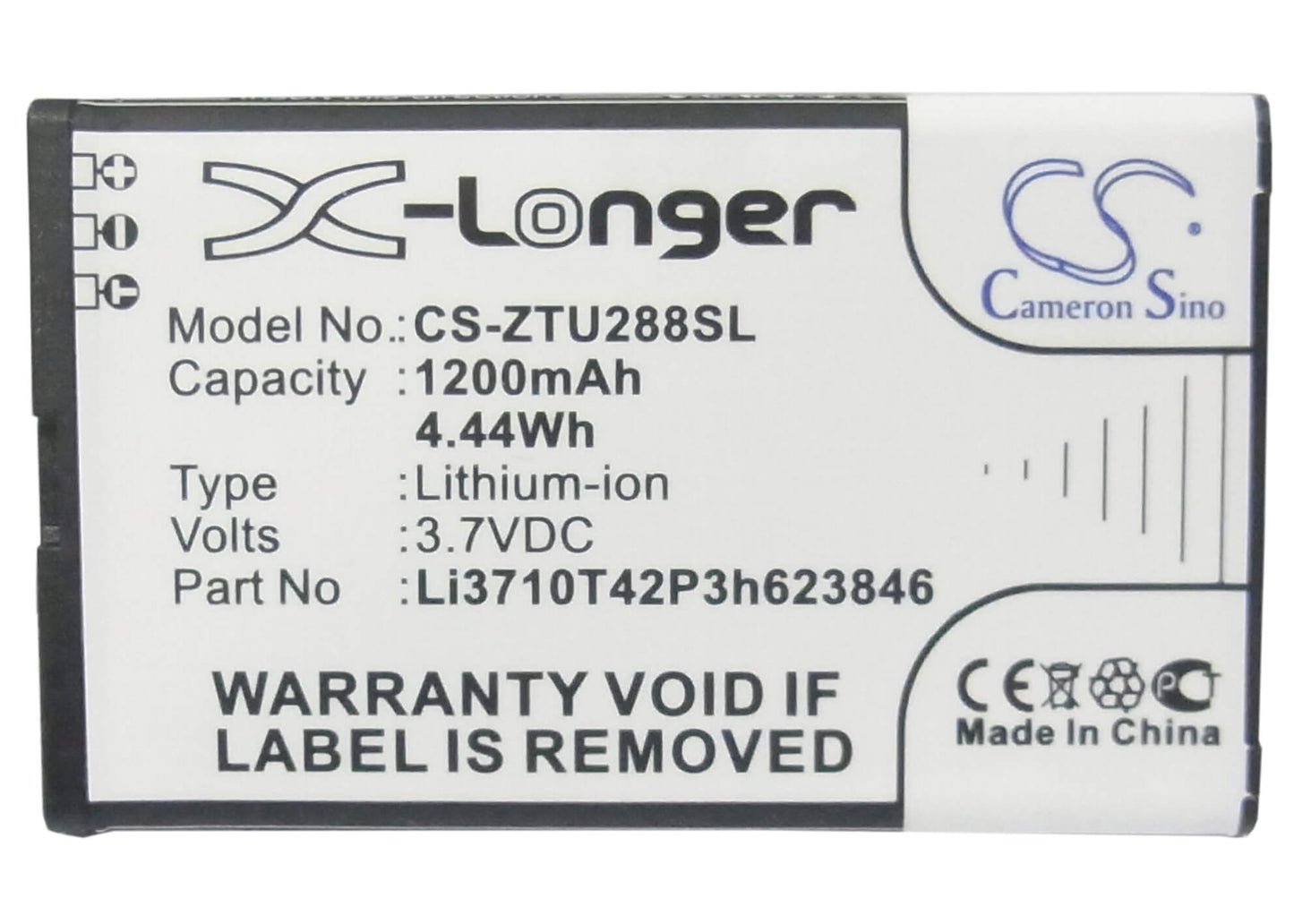 3.7V, 1200mAh, Li-ion Battery fits Zte, S207, U288, 4.44Wh