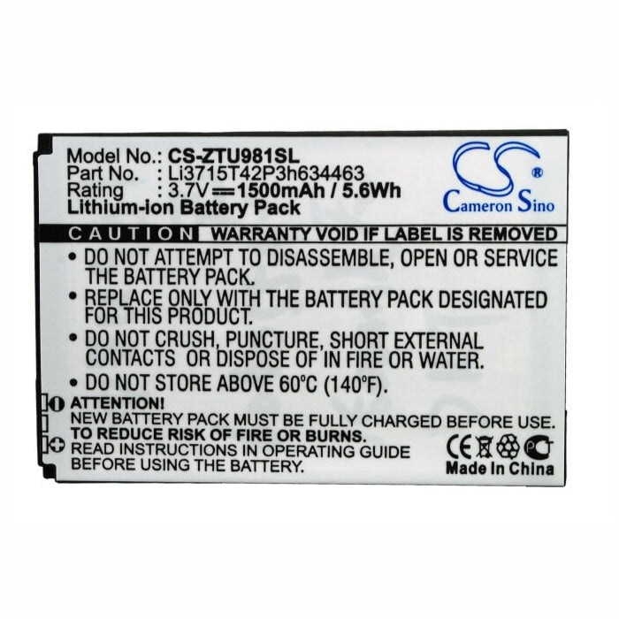 3.7V, 1500mAh, Li-ion Battery fits Zte, D820, D821, 5.55Wh