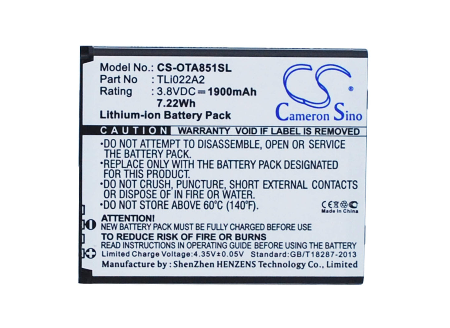 3.8V, 1900mAh, Li-ion Battery fits Alcatel, One Touch Sonic, Ot-a851l, 7.22Wh