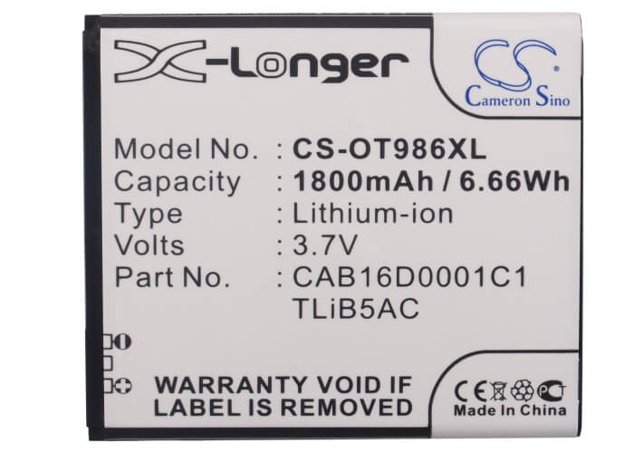 3.7V, 1800mAh, Li-ion Battery fits Alcatel, Ak47, One Touch 986, 6.66Wh