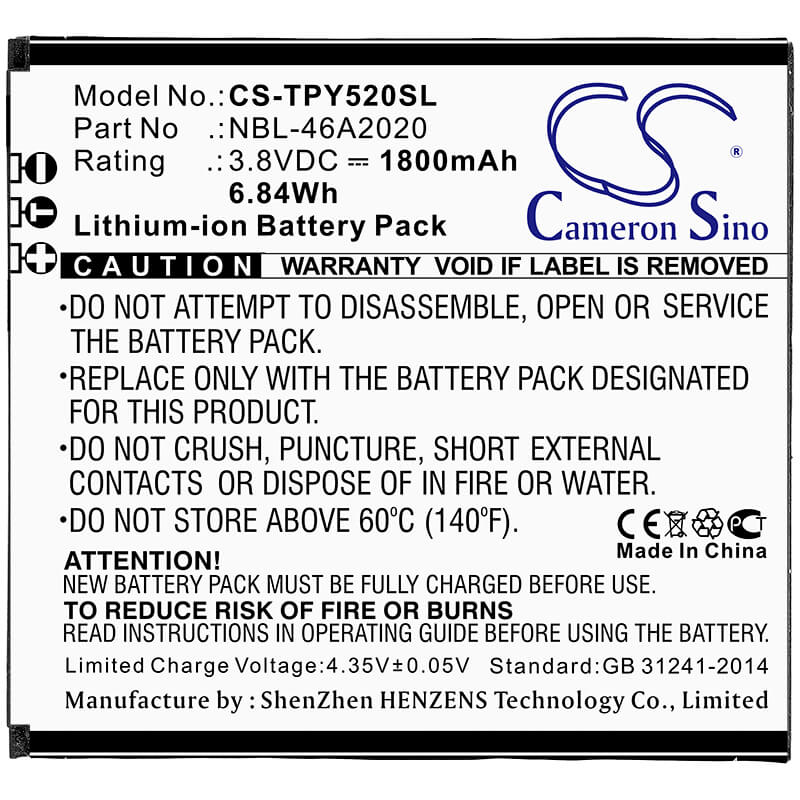 3.8V, 1800mAh, Li-ion Battery fits Neffos, Y5l, 6.84Wh