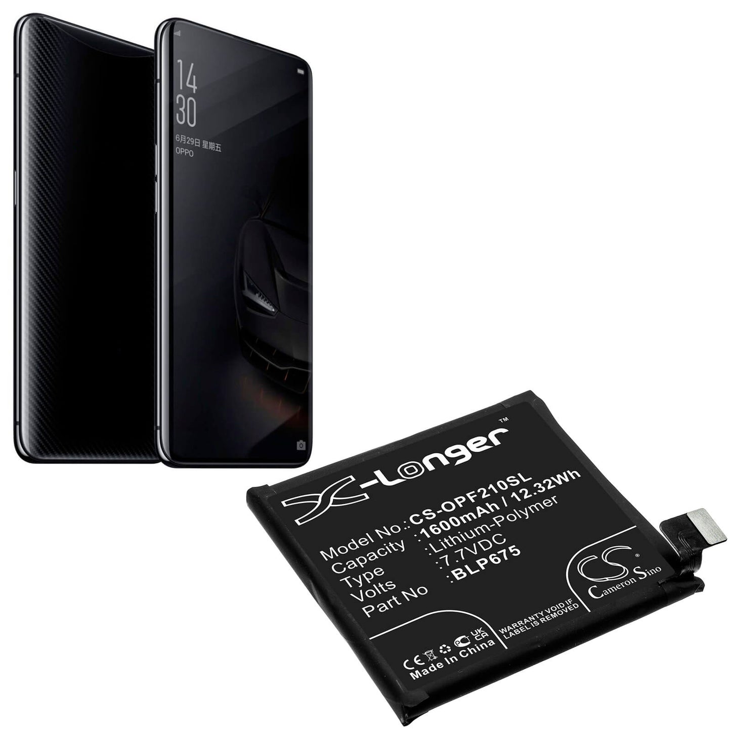 7.7V, 1600mAh, Li-Polymer Battery fits Oppo, Cph1871, Cph1875, 12.32Wh