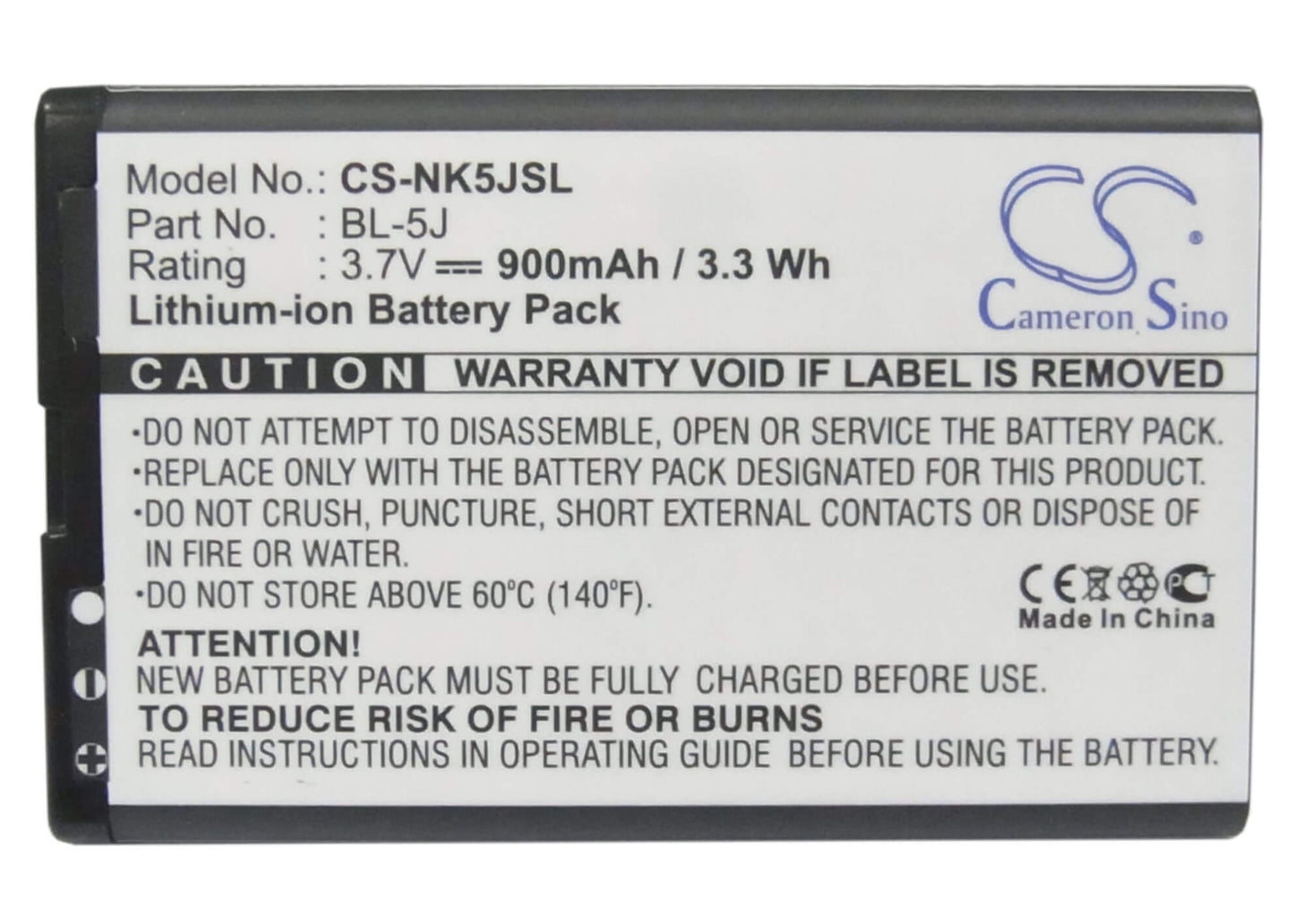3.7V, 900mAh, Li-ion Battery fits Nokia, 5230, 5800, 3.33Wh