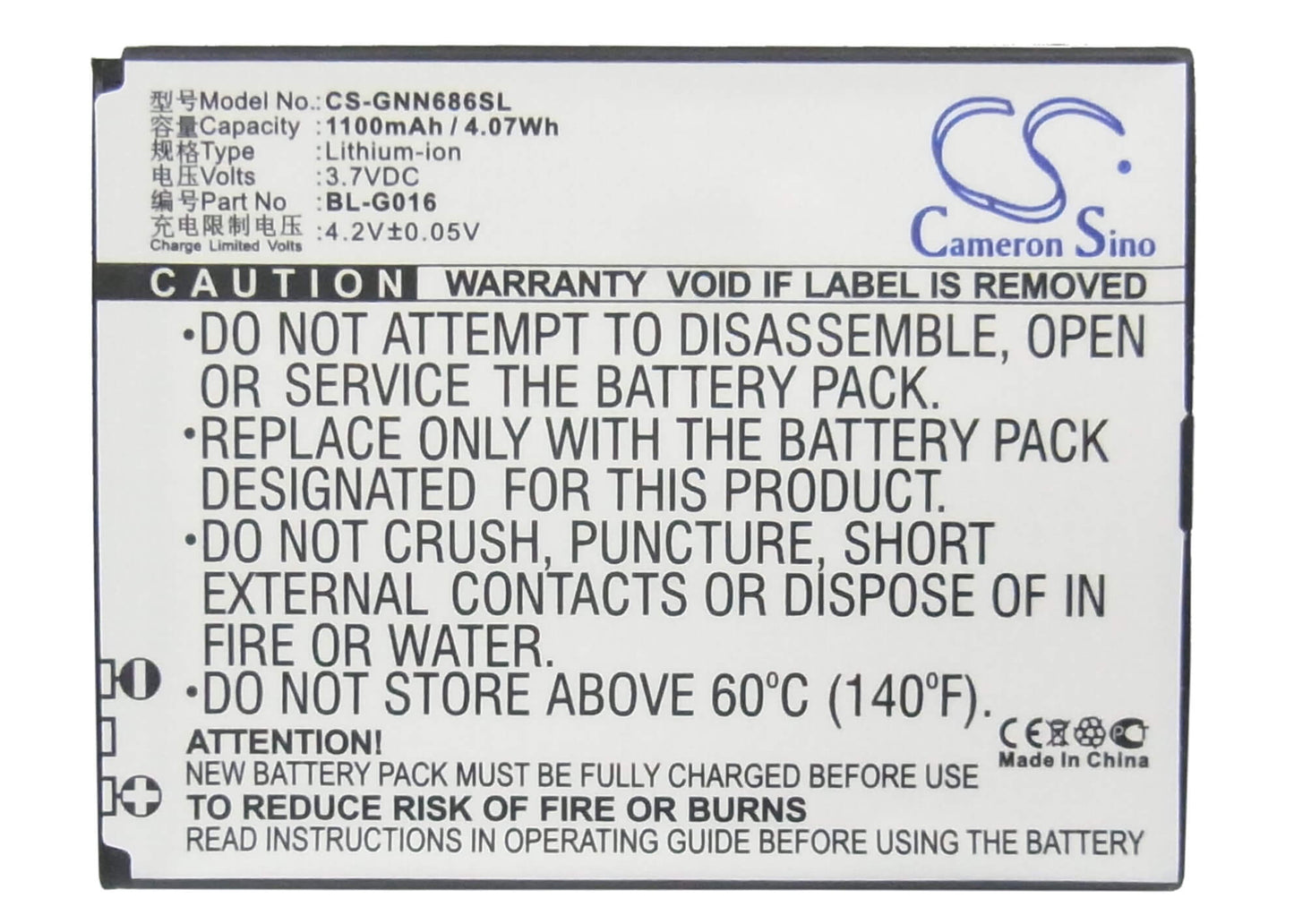 3.7V, 1100mAh, Li-ion Battery fits Gionee, Gn600, Gn868, 4.07Wh
