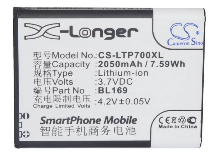 3.7V, 2050mAh, Li-Polymer Battery fits Lenovo, A789, P70, 7.585Wh