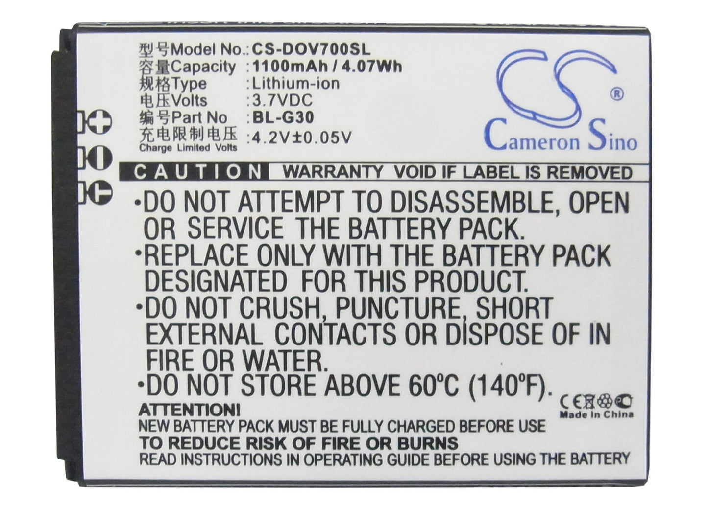 3.7V, 1100mAh, Li-ion Battery fits Doov, D7, Ieva D7, 4.07Wh