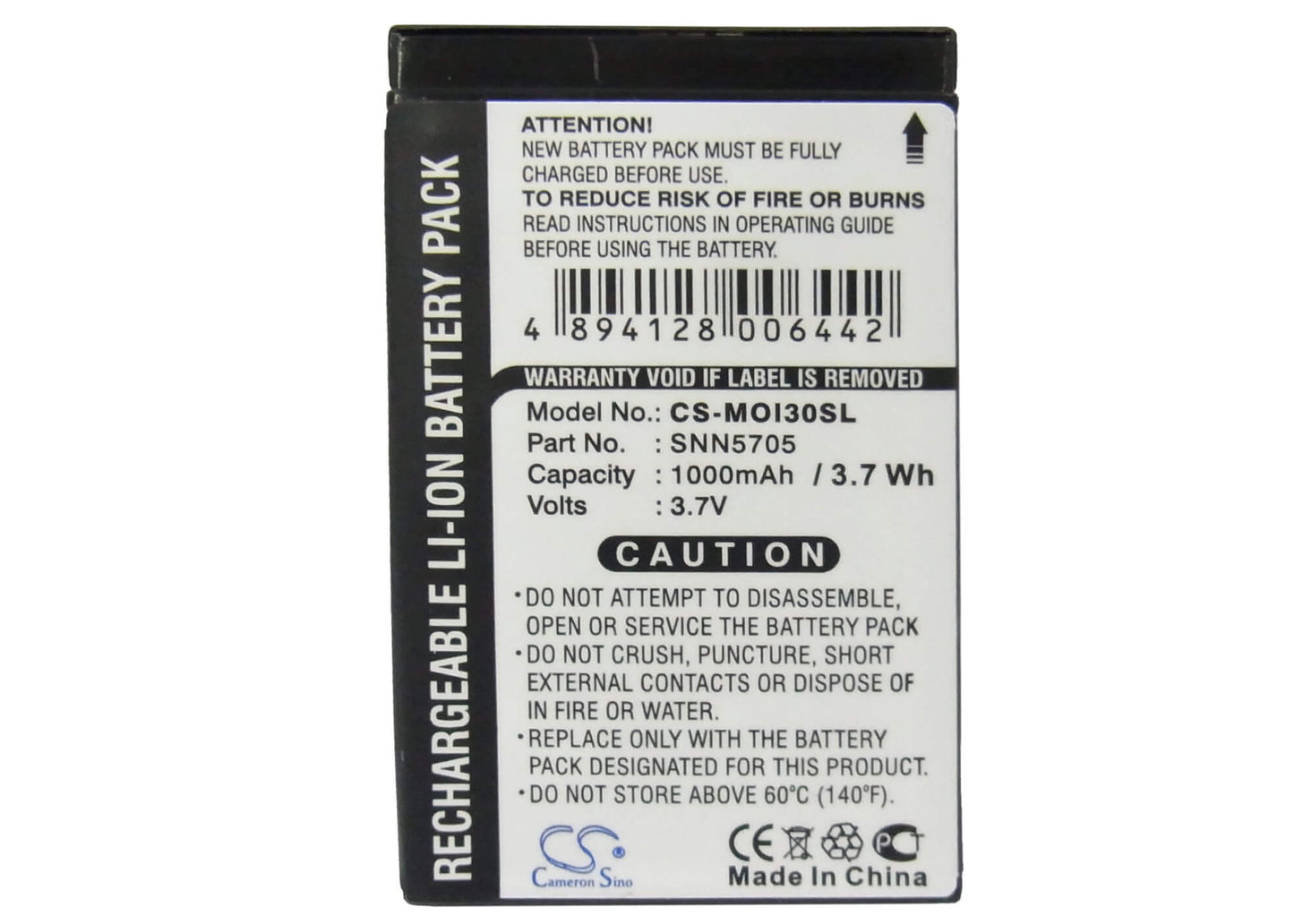 3.7V, 1000mAh, Li-ion Battery fits Motorola, I205, I215, 3.7Wh