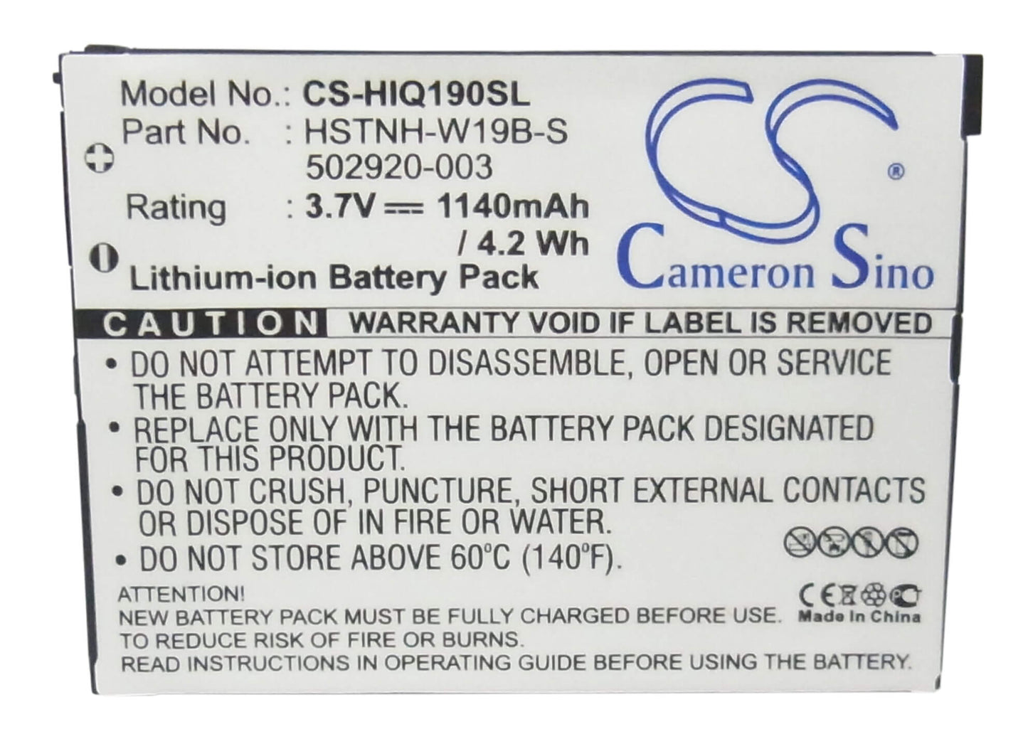 3.7V, 1140mAh, Li-ion Battery fits Hp, Hstnh-c19c, Ipaq Data Messenger, 4.218Wh