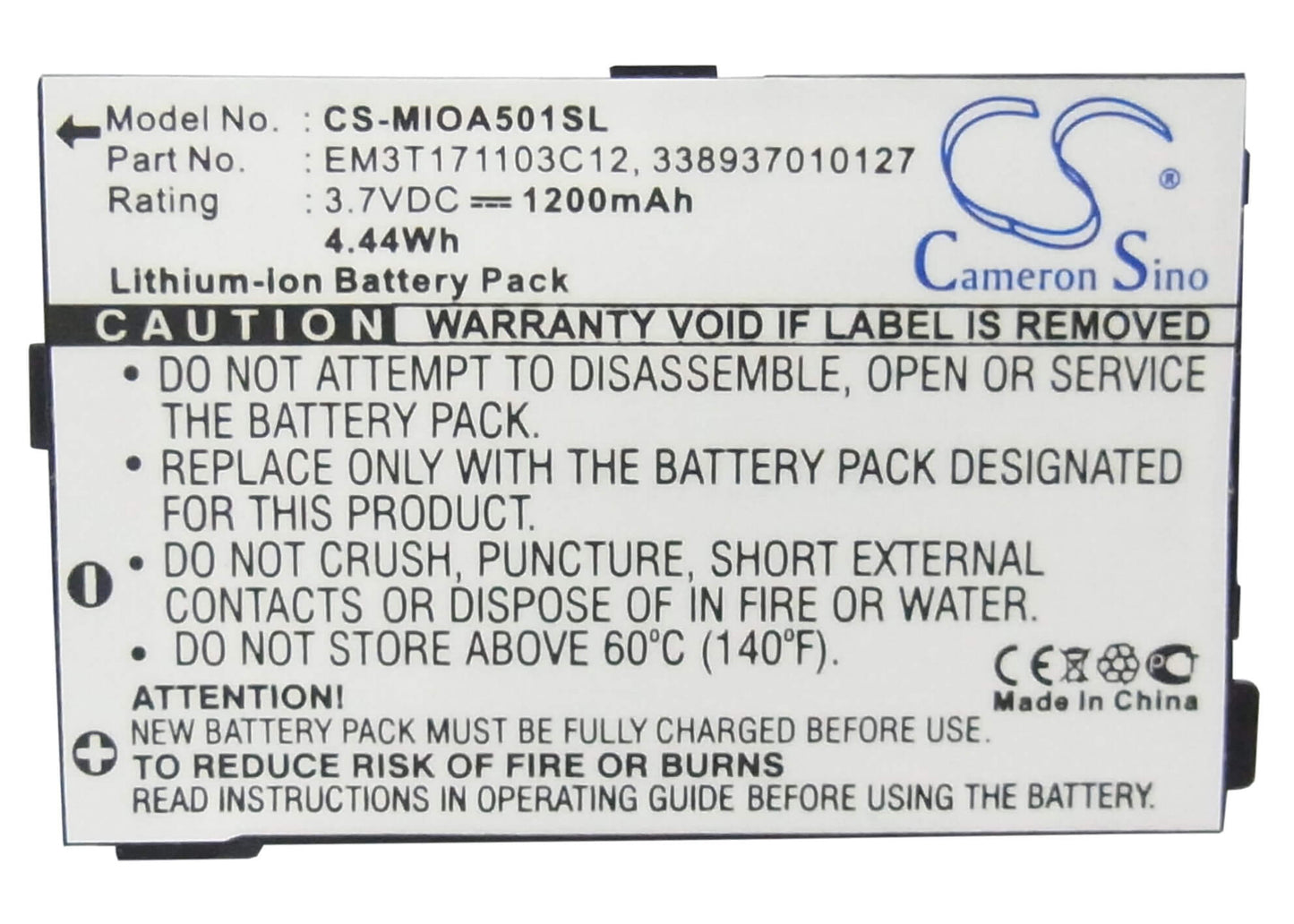 3.7V, 1200mAh, Li-ion Battery fits Mitac, Mio A500, Mio A501, 4.44Wh