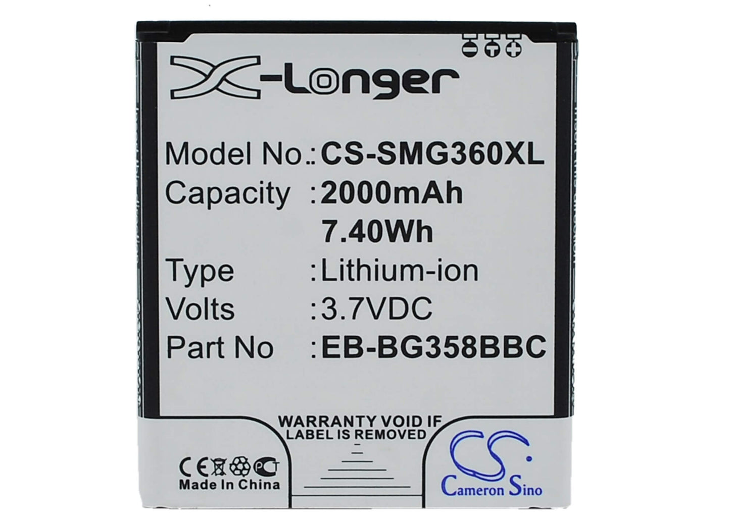 3.7V, 2000mAh, Li-ion Battery fits Samsung, Galaxy Core Lite 4g Td-lte, Sm-g3556, 7.4Wh