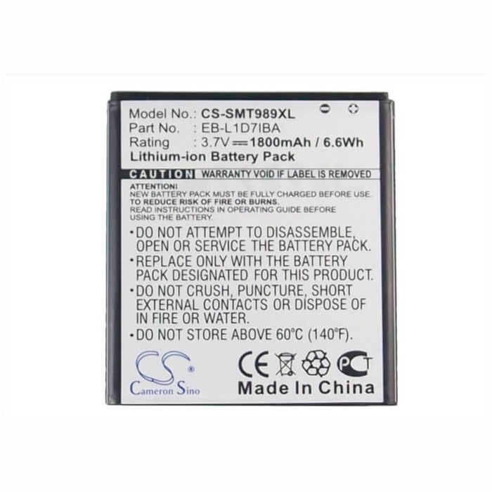 CS-SMT989XL, Mobile, Smartphone 3.7V, 1800mAh, Li-ion Battery fits At&t, Galaxy S 2 Skyrocket 4g, Galaxy S Ii Skyrocket 4g, 6.66