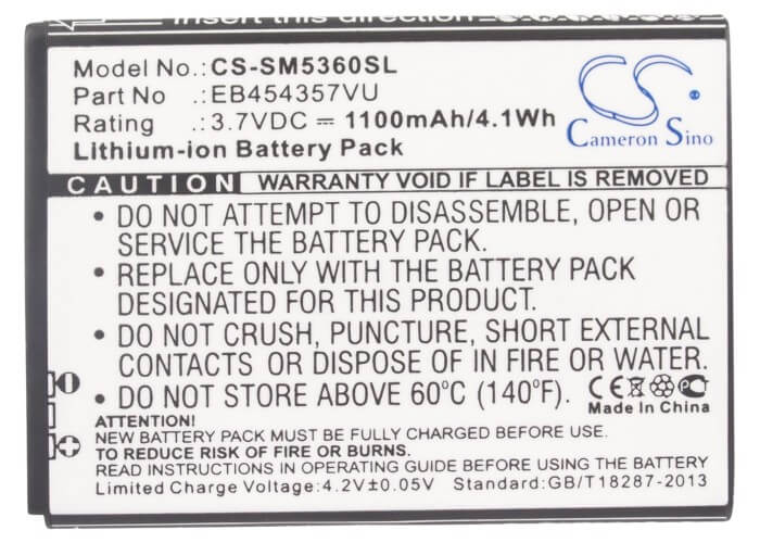 3.7V, 1100mAh, Li-ion Battery fits Samsung, Galaxy Chat, Galaxy M Pro 2, 4.07Wh