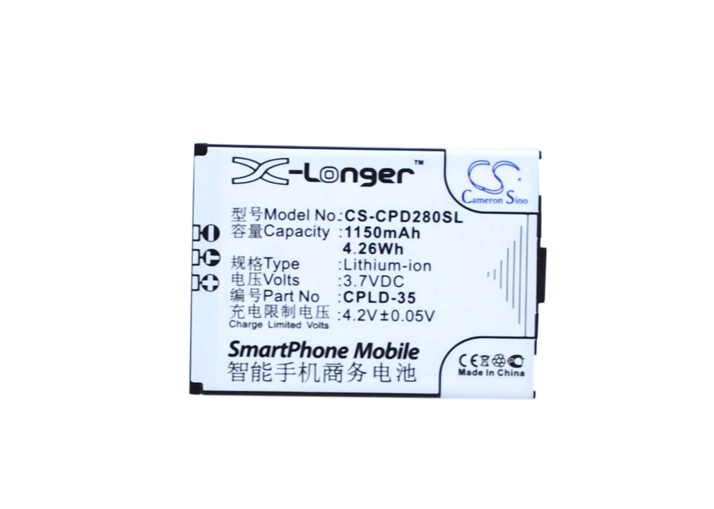 3.7V, 1150mAh, Li-ion Battery fits Coolpad, D280, D520, 4.255Wh