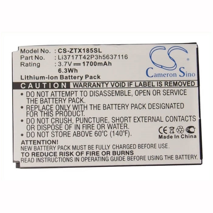 3.7V, 1700mAh, Li-ion Battery fits Zte, C60, C66, 6.29Wh