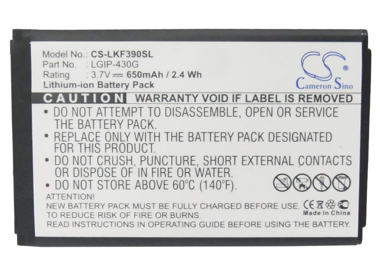 3.7V, 650mAh, Li-ion Battery fits Lg, Gu230, Kf390, 2.405Wh
