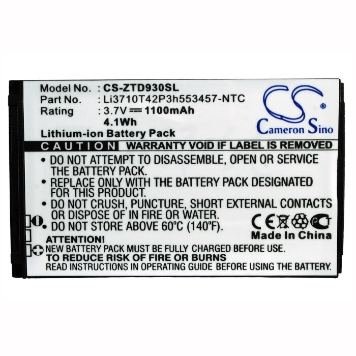 3.7V, 1100mAh, Li-ion Battery fits Zte, Chorus, D930, 4.07Wh