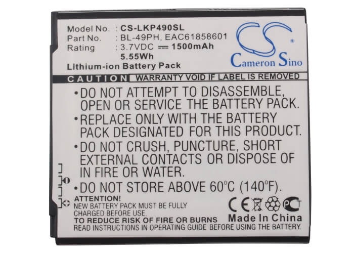 3.7V, 1500mAh, Li-ion Battery fits Lg, F120, F120k, 5.55Wh