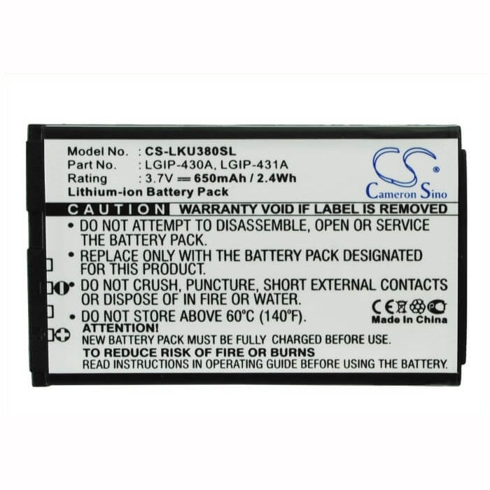 3.7V, 650mAh, Li-ion Battery fits Lg, 100c, 220c, 2.405Wh