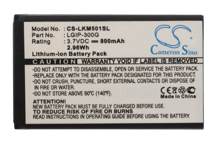 3.7V, 800mAh, Li-ion Battery fits Lg, Km501, 2.96Wh