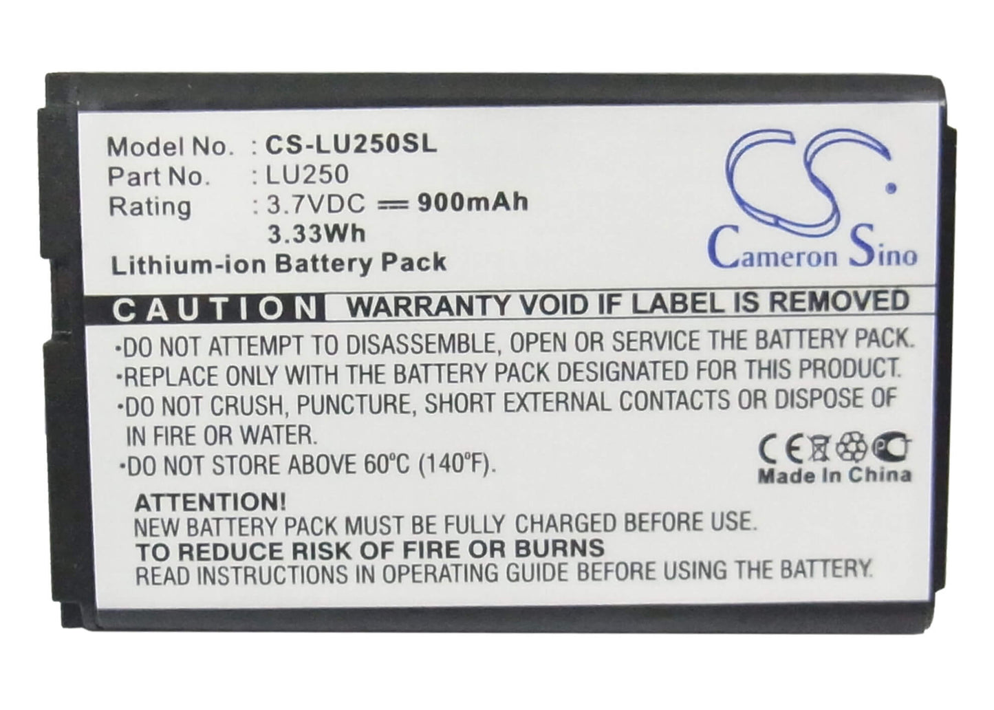 3.7V, 900mAh, Li-ion Battery fits Lg, U250, 3.33Wh
