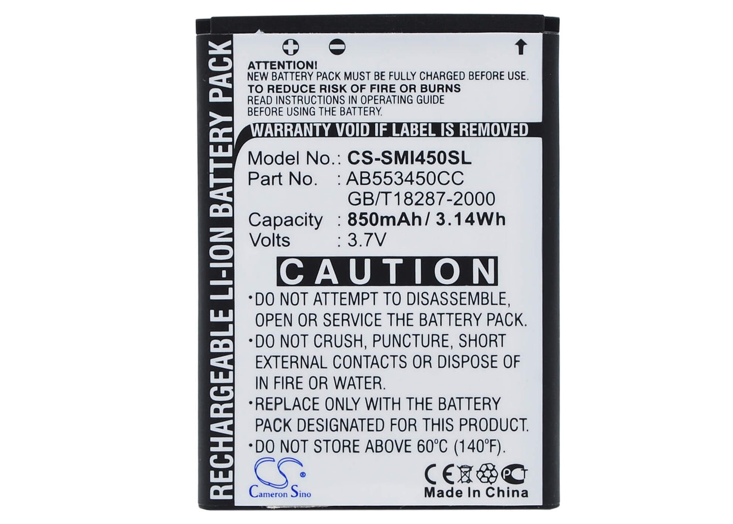 3.7V, 850mAh, Li-ion Battery fits Samsung, Sgh-i450, Sgh-i458, 3.145Wh