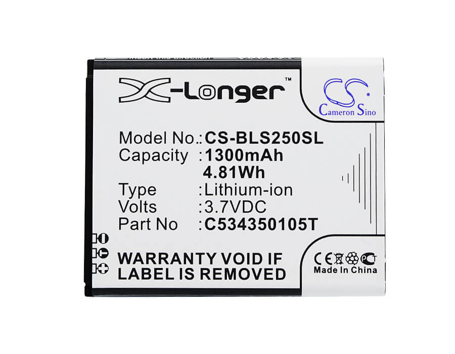 3.7V, 1300mAh, Li-ion Battery fits Blu, Hero Jr, S250, 4.81Wh