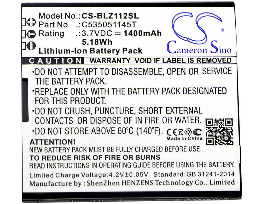 3.7V, 1400mAh, Li-ion Battery fits Blu, Yezz, Yz1120, 5.18Wh